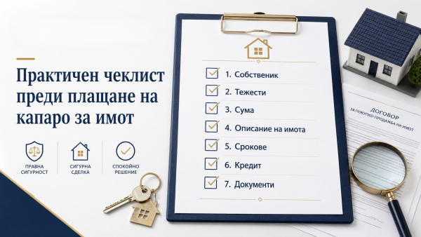 Банер с чеклист преди плащане на капаро за имот.