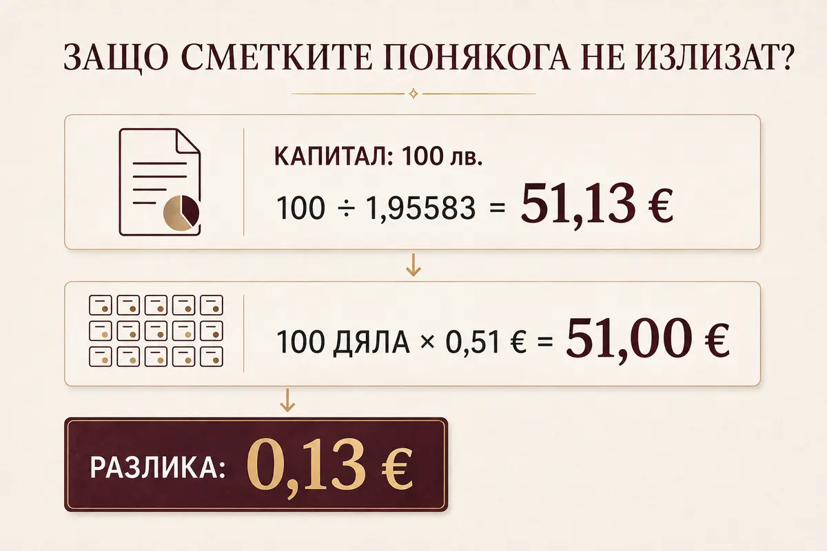 Пример за разлика между капитал 51,13 евро и сбор на дяловете 51,00 евро