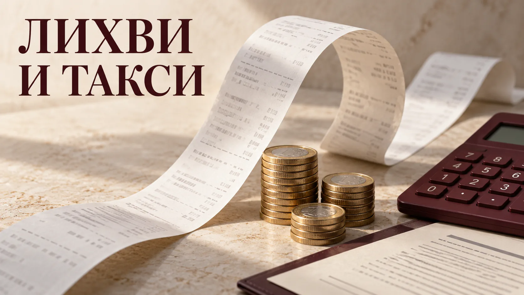 Разписка, монети и калкулатор с надпис „Лихви и такси“ - разходи по бърз кредит.