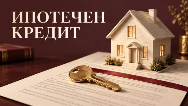 Банер „Ипотечен кредит“ с къща, ключ и договор.